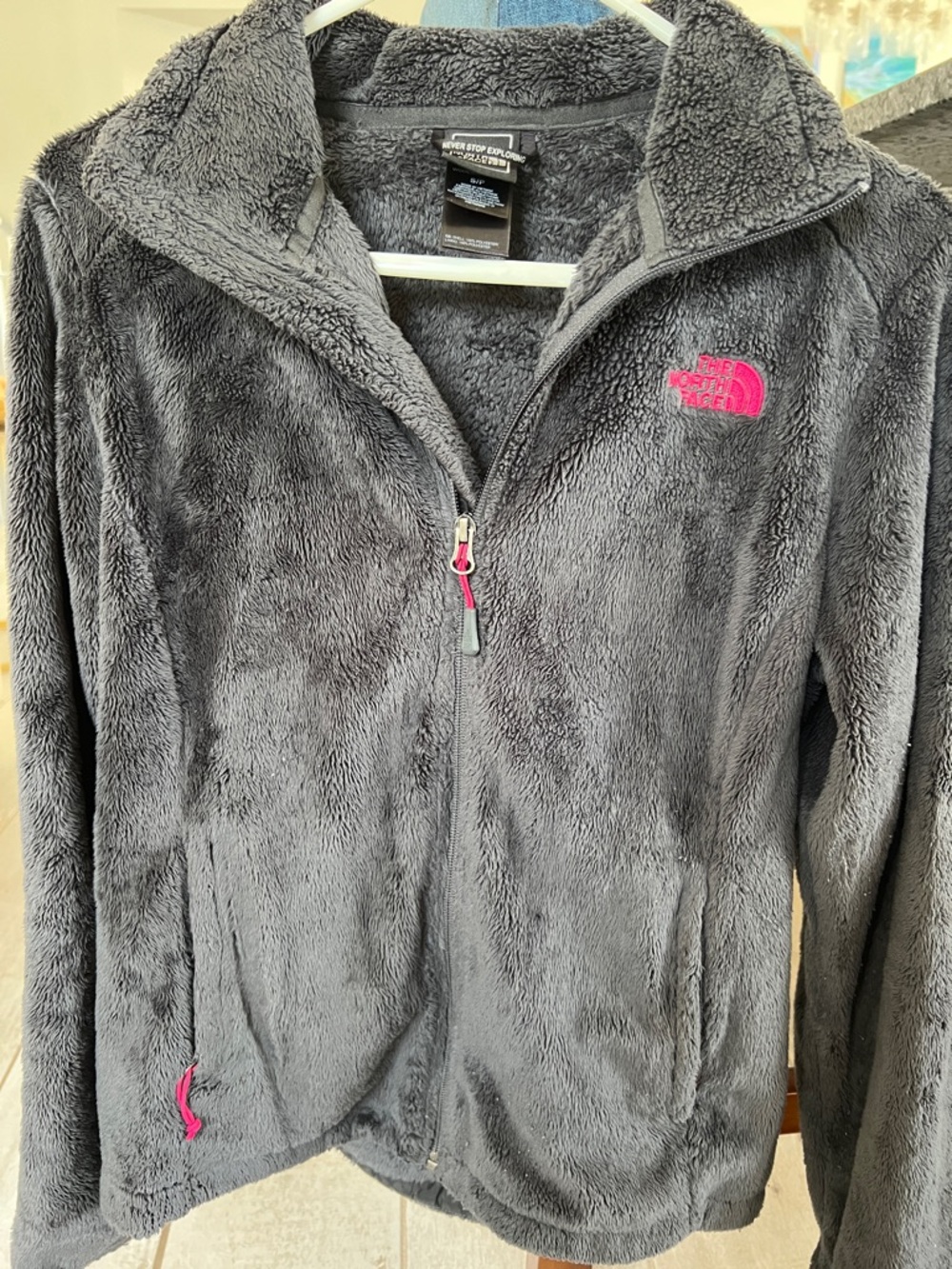The North Face Osito Charcoal Gray Plush Fleece Jacket with Pink Logo